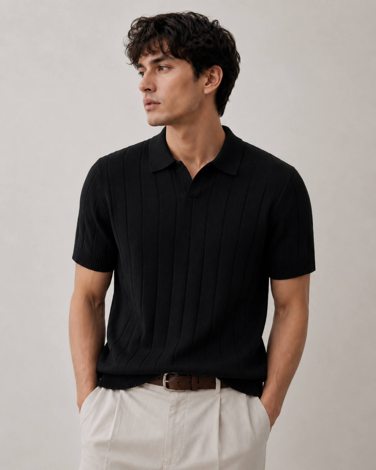 Black Vertical Ribbed Knit Polo