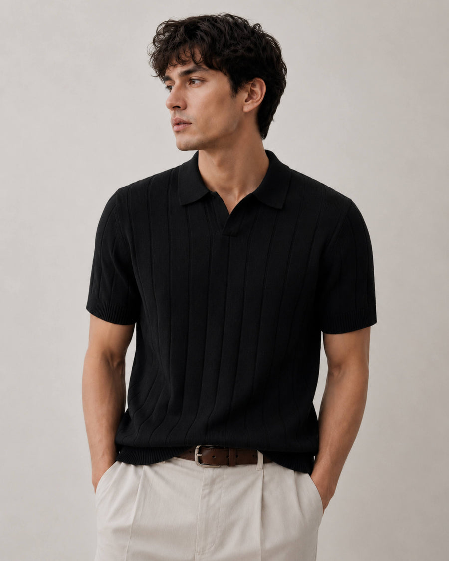 Black Vertical Ribbed Knit Polo - Gremaud