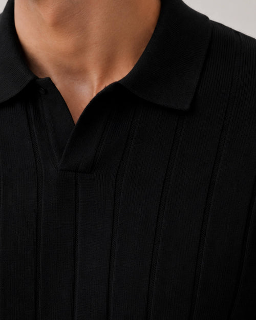 Black Vertical Ribbed Knit Polo - Gremaud