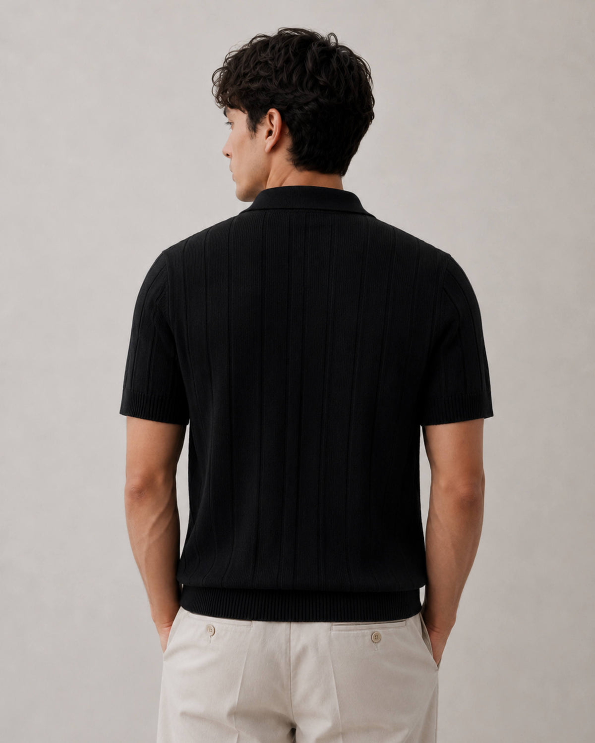 Black Vertical Ribbed Knit Polo - Gremaud